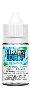 Blue Raspberry ICE Lemon Drop Salt 30ml bottle with nicotine warning, perfect for pod systems, tangy flavor, made in Alberta.