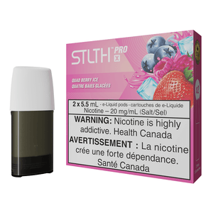 STLTH Pro X Pods Quad Berry Ice, 20 mg nicotine, refreshing berry blend, 2-pack, health warning included.