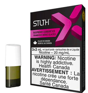 STLTH Raspberry Currant Ice vape pod pack, 3x2 mL, nicotine 20 mg/mL, featuring warning labels and product details.