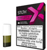 STLTH Raspberry Currant Ice vape pod pack, 3x2 mL, nicotine 20 mg/mL, featuring warning labels and product details.