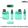 Uwell Caliburn G3 Lite KOKO Pod System CRC in vibrant green with multiple angles showcasing its design and features.